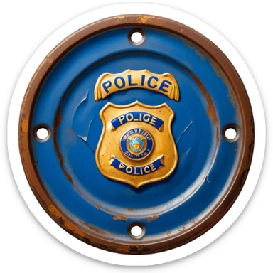 cinematic - aesthetic brilliant divine lighting, oil paint - antique police plate rusty, crumpled and broken sticker