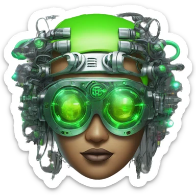 Neon green bobbed hair Latina female cyborg head with silver steampunk goggles and circuits sticker