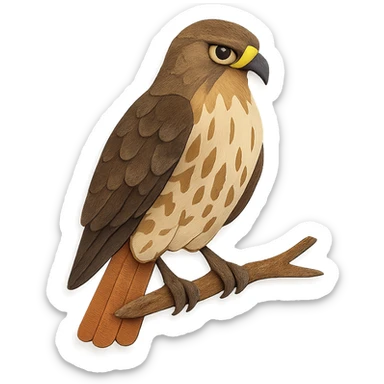 close-up of a red-tailed hawk perched on a branch, fine paper edges, intense gaze, brown and cream feather patterns, red tail sticker