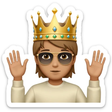 Un niño con cabello lacio no muy largo color marrón castaño,ojos marrones,piel no muy blanca, que tenga lentes de sol color negro,reloj en la mano derecha y una corona como sombrero sticker