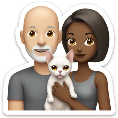 White, bald man is holding a grey, small sphinx cat and woman with dark, straight hair is holding orange, fluffy Pomeranian dog sticker
