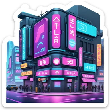 Cyberpunk street corner with neon blinking signage and holographic advertisements sticker