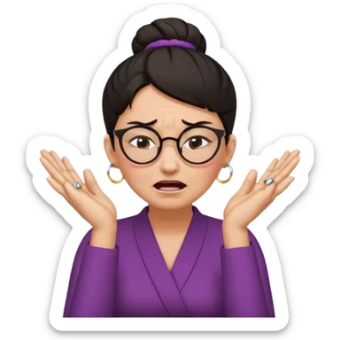  middle aged woman with dark hair pulled up in a high bun, wearing round ring earrings and glasses, expression extreme pain on her face, covering her ears with her hands very painful expression on her face, eyes squeezed shut, wincing in pain covering her ears with her hands sticker