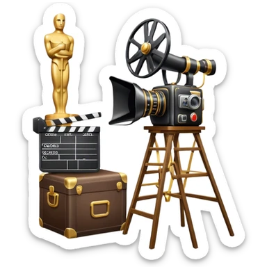 Icon for Directing: a director's chair, a large film camera, a megaphone, a stage set with lights and an Oscar statuette. The icon should represent the creative and leadership aspects of directing, with focus on film and theater production. Transparent background. sticker