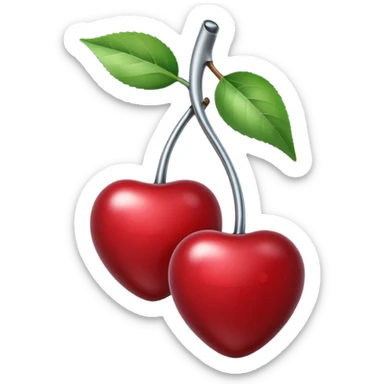 A pair of cherries emoji made of polished silver chrome, smooth rounded shapes, glossy metallic finish, soft highlights and reflections, cute proportions, iOS emoji style, centered, clean white background, no text sticker