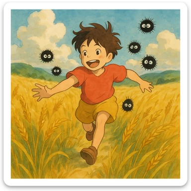A child running through a golden wheat field, chased by playful dust spirits. sticker