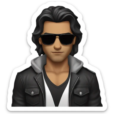 Man with long shoulder length black hair, masculine strong serious face, fine lips, black sunglasses, lather jacket, underneath black t-shirt, muscles sticker