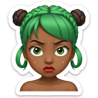 Create a 3D cartoon-style girl character with dark skin, round face, angry expression, big wide eyes, and tightly styled double buns made of green beaded hair. The girl should look irritated, eyebrows sharply angled, and lips pressed in a frown. sticker