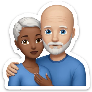 Talk bald white man with a white beard and blue eyes lovingly holding a black woman with brown eyes and grey hair sticker
