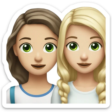 A brunette girl with green eyes making en cute picture with a blond girl with blue eyes and braces sticker
