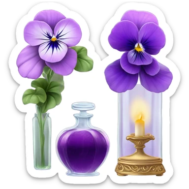 A pink aesthetic still-life: a decorative candle in a glass jar, violet pansies in a crystal vase, and an ornate purple perfume bottle sticker