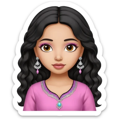 a pretty bratz fair indian girl wearing a pink kurti,  Silver jhumkas, black wavy hair sticker