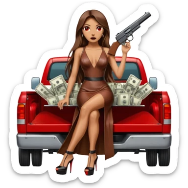 Lilith symbol red eye seductress evil long brown haired sexy succubus woman with leather long dress with slit, sitting in Big Large F350 pickup truck. Black Platform high heels on feet. Back of truck full of stacks of cash, sitting behind her is  a human skull with a gun in other hand sticker