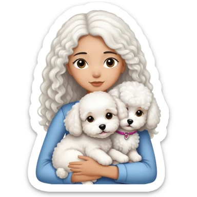 A girl with long straight black hair hugs a white curly-haired Bichon Frise puppy sticker