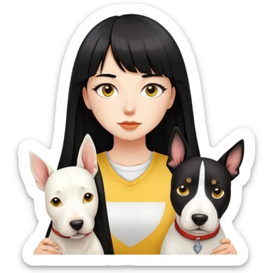 girl with long black  straight bangs hair and a Springer dog  and yellow bull terrier sticker