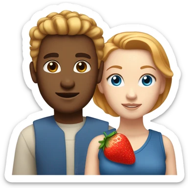 White woman with blue eyes and strawberry blonde hair standing next to a tan man with blue eyes and brown hair in bun. sticker