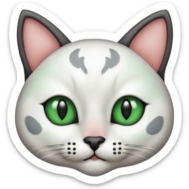 Haz una gata de ojos verdes la cara blanca con mancha negra en las orejas que agarra parte de la frente del lado der pero del iz va desde el ojo hasta la oreja la mancha, tiene la nariz negra en forma de corazón y todo lo que sobra de la cara, barbilla la nariz arriba y el lado de bigotes es blanca sticker
