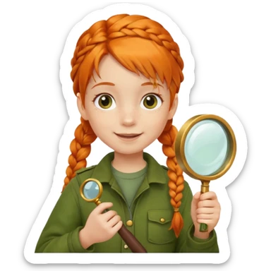 braid orange haired girl kid in moss green explorer outfit, holding magnifying glass, smile sticker