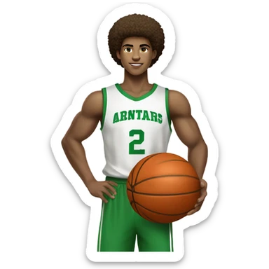Afro light-skinned muscular  skinned male teenager in a green basketball uniform holding a basketball.  sticker