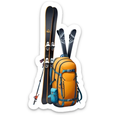 Icon for Mountain Tourism: a snowy peak landscape with skis, a snowboard, climbing equipment, a backpack and a camera. The icon should represent the adventure and excitement of mountain travel and outdoor exploration. Transparent background. sticker