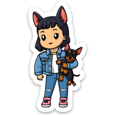 girl wearing denim jacket holding a Doberman sticker