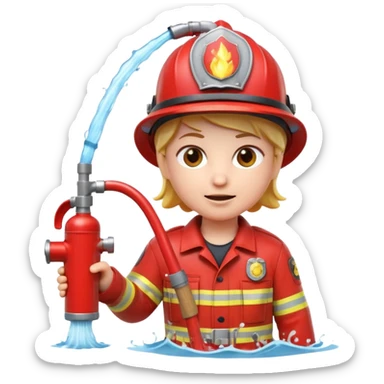 A 3D Apple-style emoji character dressed as a firefighter in a bright red uniform and helmet, holding a fire hose spraying water forward, determined expression with cartoonish eyes, water splashing effect, clean minimal background sticker