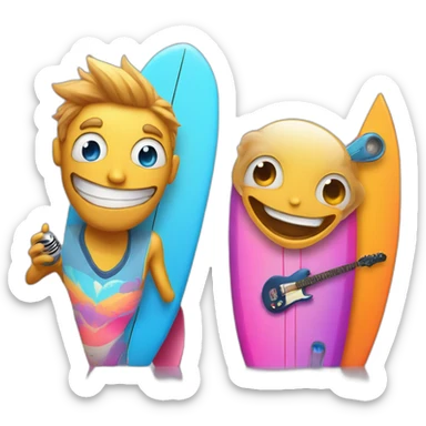(A surfboard Cartoon Blue and orange smiling) and a (microphone Cartoon Blue and pink with butterfly) sticker