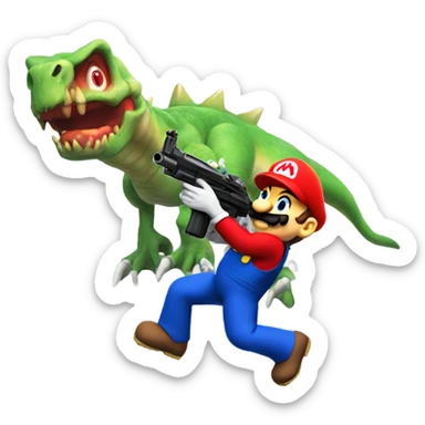 Cyborg Mario shooting at dinosaur aliens  sticker