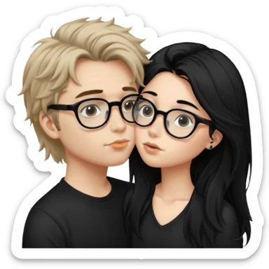 Un garçon avec les cheveux brin très clair ébouriffés, qui embrasse une fille avec les cheveux noir long et lisse , qui a des traits d’eye-liner et des lunettes noir avec un piercing au nez sticker