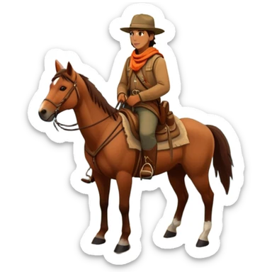 An icon featuring a vast wilderness landscape with a lone adventurer on horseback, symbolizing the adventure genre. The background shows rugged mountains, forests and a setting sun, evoking the spirit of exploration and survival. transparent background. sticker