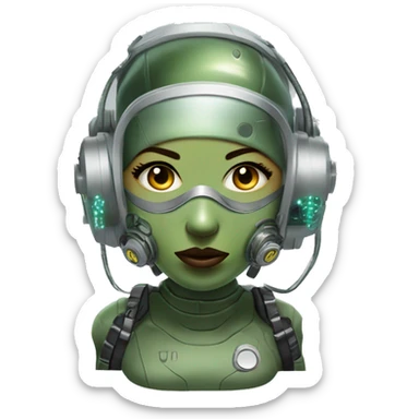 Olive green hair female cyborg head with respirator mask and circuits sticker