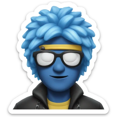 He has snow-white hair and the Six Eyes, which are a vibrant blue color.covers his eyes with a black blindfold, which props up his hair and gives it a spikier appearance.wears sunglasses and lets his hair down sticker