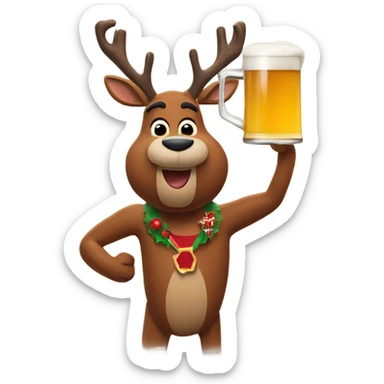 Rudolph drinking a pint of beer sticker
