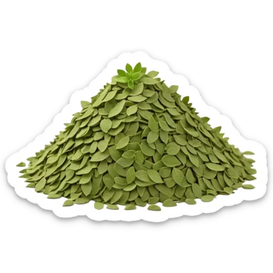 small loose pile or pinch of dried oregano leaves, soft green to muted olive tones, crumbly irregular texture, finely broken up, lightweight, slightly curled, dry matte surface, 3D-rendered, clean, minimal, soft lighting and shadows, no faces or container, transparent background, emoji scale sticker