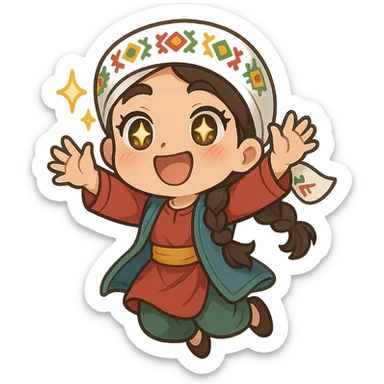 Kurdish man or woman in jamadani, cartoon style, feeling excited, jumping or with sparkling eyes, energetic pose, no text sticker