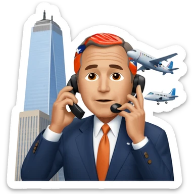  emoji of the world trade center with a plane crashed into it and george bush on a phone in front of them sticker