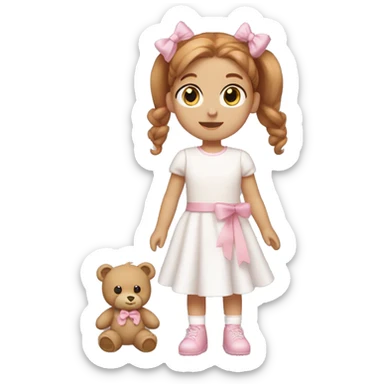 Little Girl with White skin, blue eyes. Light brown and red hair in two ponytails, with light pink bows.  She is wearing a light pink and White dress, standing and holding a teddybear with a pink bow. sticker