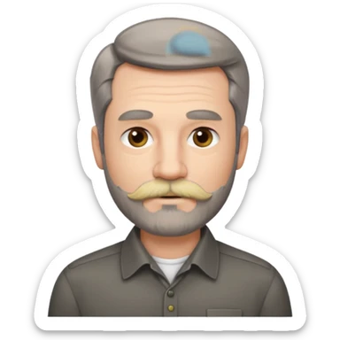 50 yr old white man, pale skin, dark grey hair with some brown highlights, side swept part, groomed moustache and beard sticker