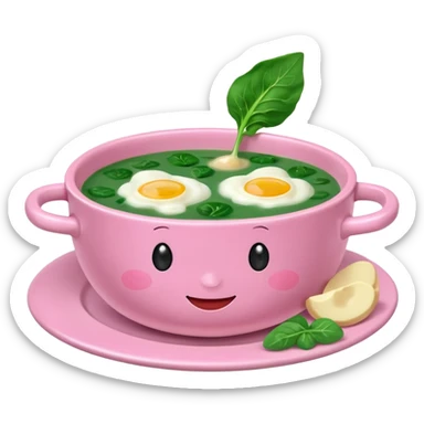 pink soup with egg and greens inside, boiled potatoes by its side, happy face emoticon sticker