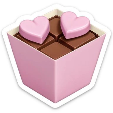 Two square milk chocolate pralines only, Each praline is a sharp-edged cube with smooth glossy chocolate coating, placed in a small white fluted paper candy cup. On top of each cube is a flat pastel pink heart-shaped icing, thin and smooth, slightly translucent, with fine sugar crystal sparkle. sticker