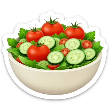 Salads avatar in clean emoji-style illustration. Fresh salad bowl with greens, tomatoes, cucumber, bright green tones, simple shapes, flat design, high contrast, light and healthy. sticker