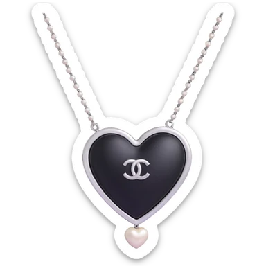 shiny black heart, pearl necklace border, silver Chanel logo in the middle, elegant, black and white palette sticker