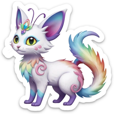 Pure-snow-White albino iridescent with pastel rainbow-gradients-color-markings with swirly patterns butterflies  faerie-Noivern-Noibat-Purloin-Torracat-Lykoi-Caracal-cat-Fakemon-fusion-hybrid-creature sticker
