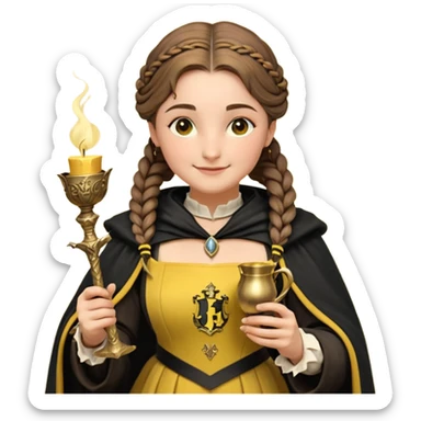 Helga Hufflepuff,the Hogwarts founder of Hufflepuff,brown-haired,2braids,yellow-black medieval dress with black cloak decorated with gold braiding,flickering magic wand and tiny two-handled shiny gold cup engraved with the badger silhouette,very kind smile,curvy busty sweet sticker