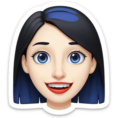 A girl with an elongated face, black hair, a big nose and crooked teeth with a bue lip sticker