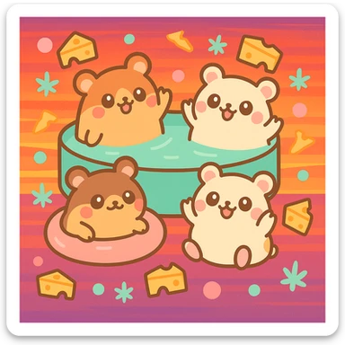 Add a vibrant sunset background with warm orange, pink, and purple tones behind the pool party scene. Maintain the kawaii style with a nostalgic, fun, and inviting summer party vibe, including THC/weed/cheese theme elements. sticker