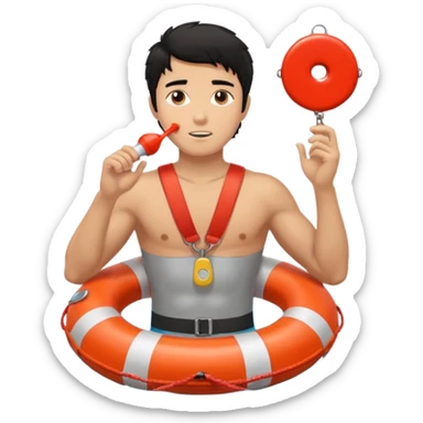 Tan Muscular lifeguard teen boy with rescue buoy and whistle messy black hair sticker