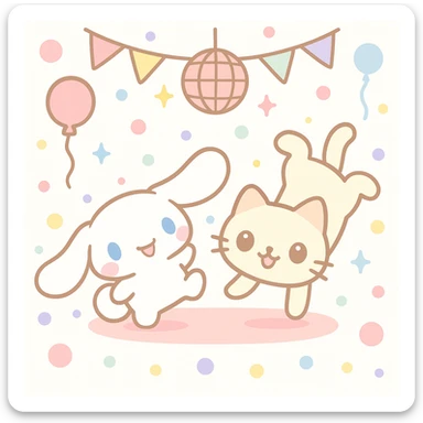Cinnamoroll and a cat breakdancing at a party, kawaii style, playful, fun atmosphere, party decorations sticker