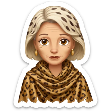 ancient white woman, tattered leopard skin shawl sticker