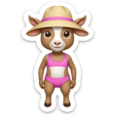 A goat, wearing a bathing suit with a hat sticker